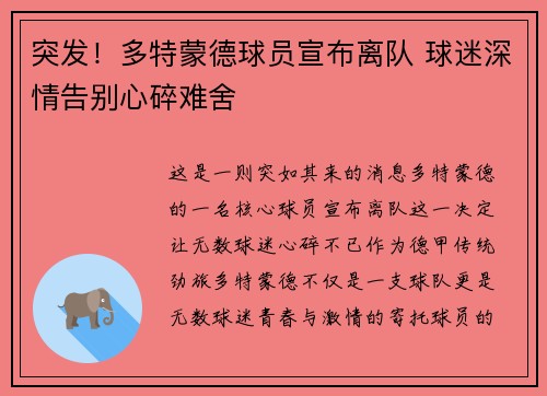 突发!多特蒙德球员宣布离队 球迷深情告别心碎难舍 突发!多特蒙德球员宣布离队 球迷深情告别心碎难舍
